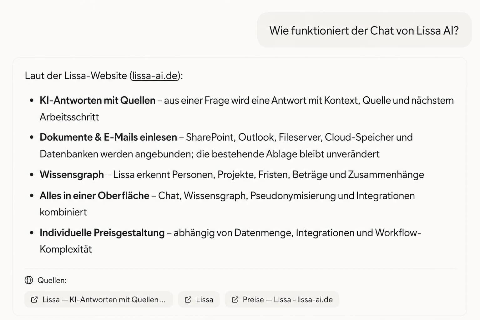 Websuche im Lissa Chat mit Antwort und Quellen